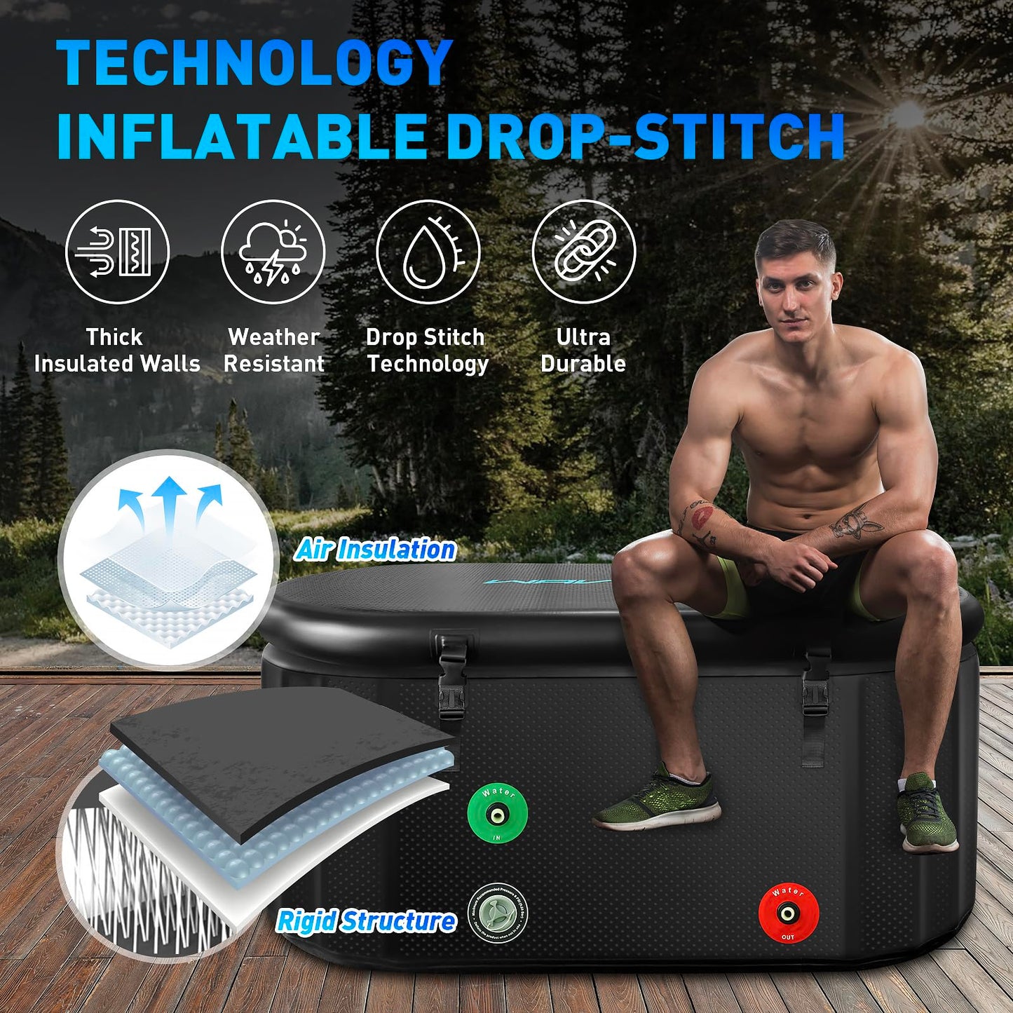 Inflatable Ice Bath Tub for Athletes Compatible with Water Chiller, Portable Recovery Tub with Lid, for Indoor & Outdoor Therapy Recovery, 59 L x 30" W x 28" H, Black (Oval)