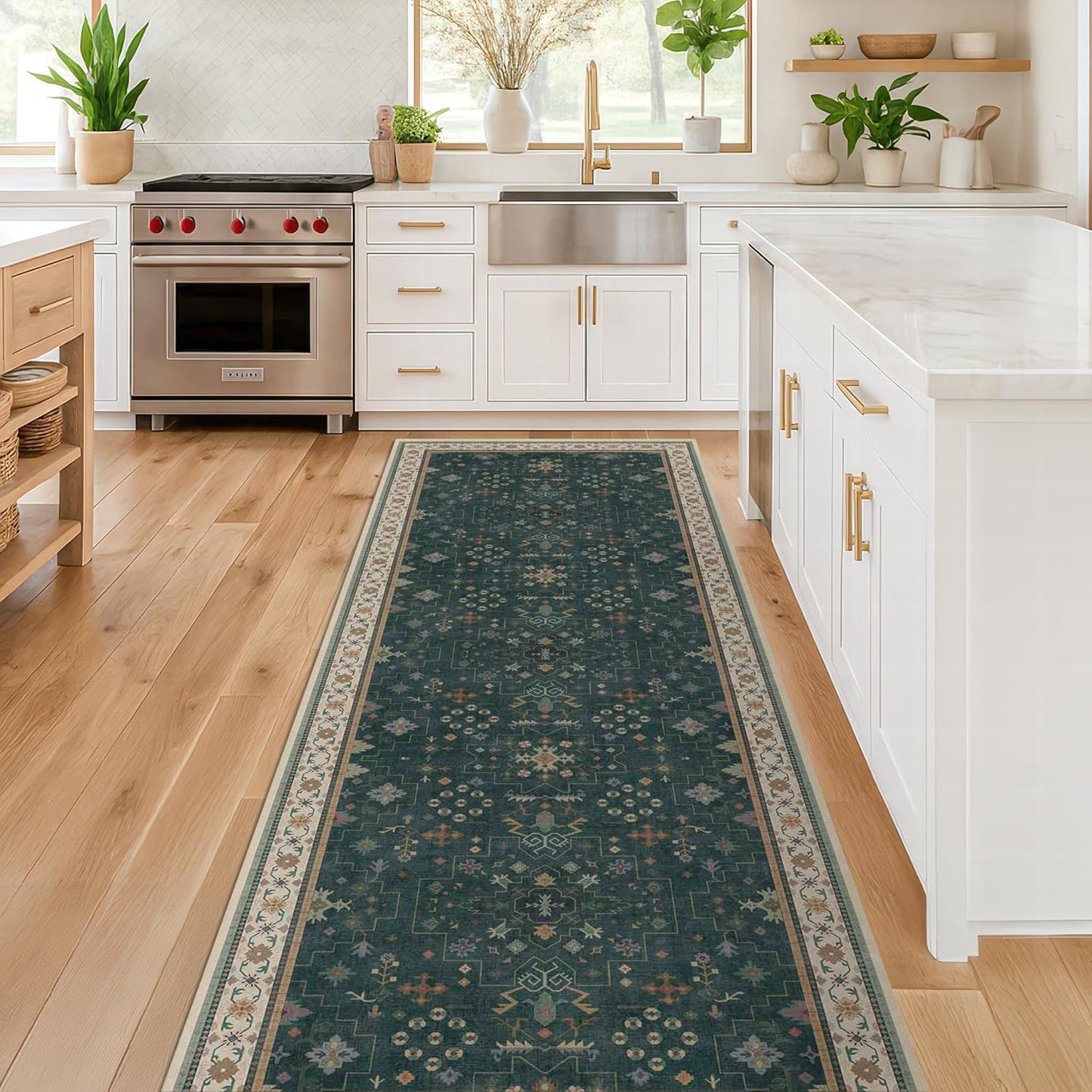 Regine Switzerland Dark Green Washable Kitchen Runner Rug - Non-Slip Rubber Backing | 2'6"x8' Stain Resistant