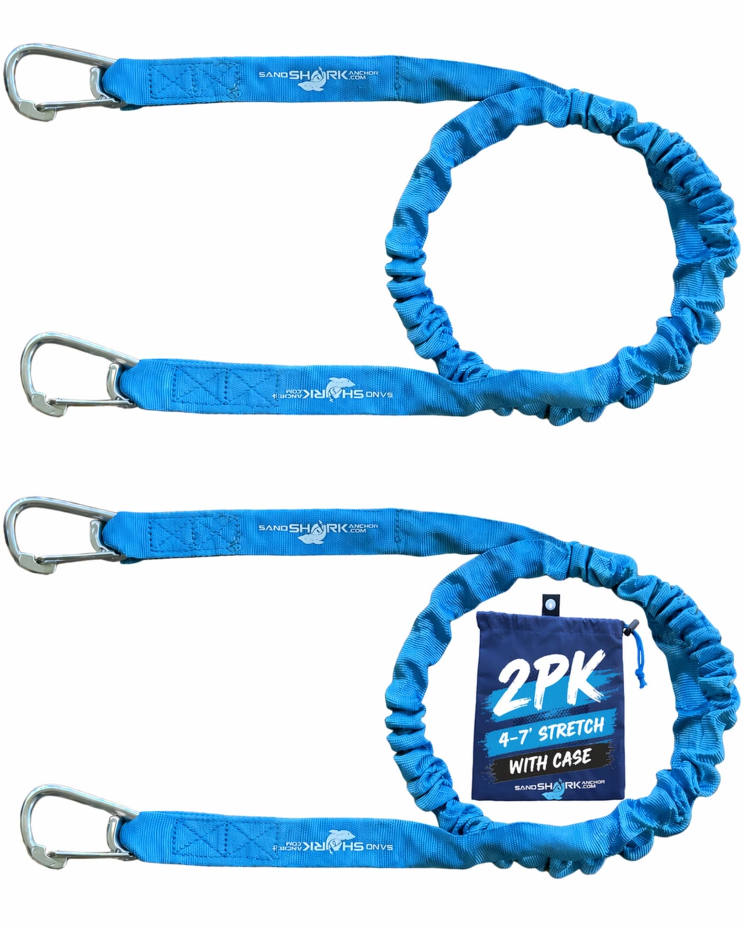 SandShark Premium Flat Bungee Dock Line – Stretches 4-7 FT - Boat & Jet Ski Dock Lines with Stainless Steel Carabiners – Shock Absorbing Mooring Rope for PWC, Boats & Pontoons. Blue