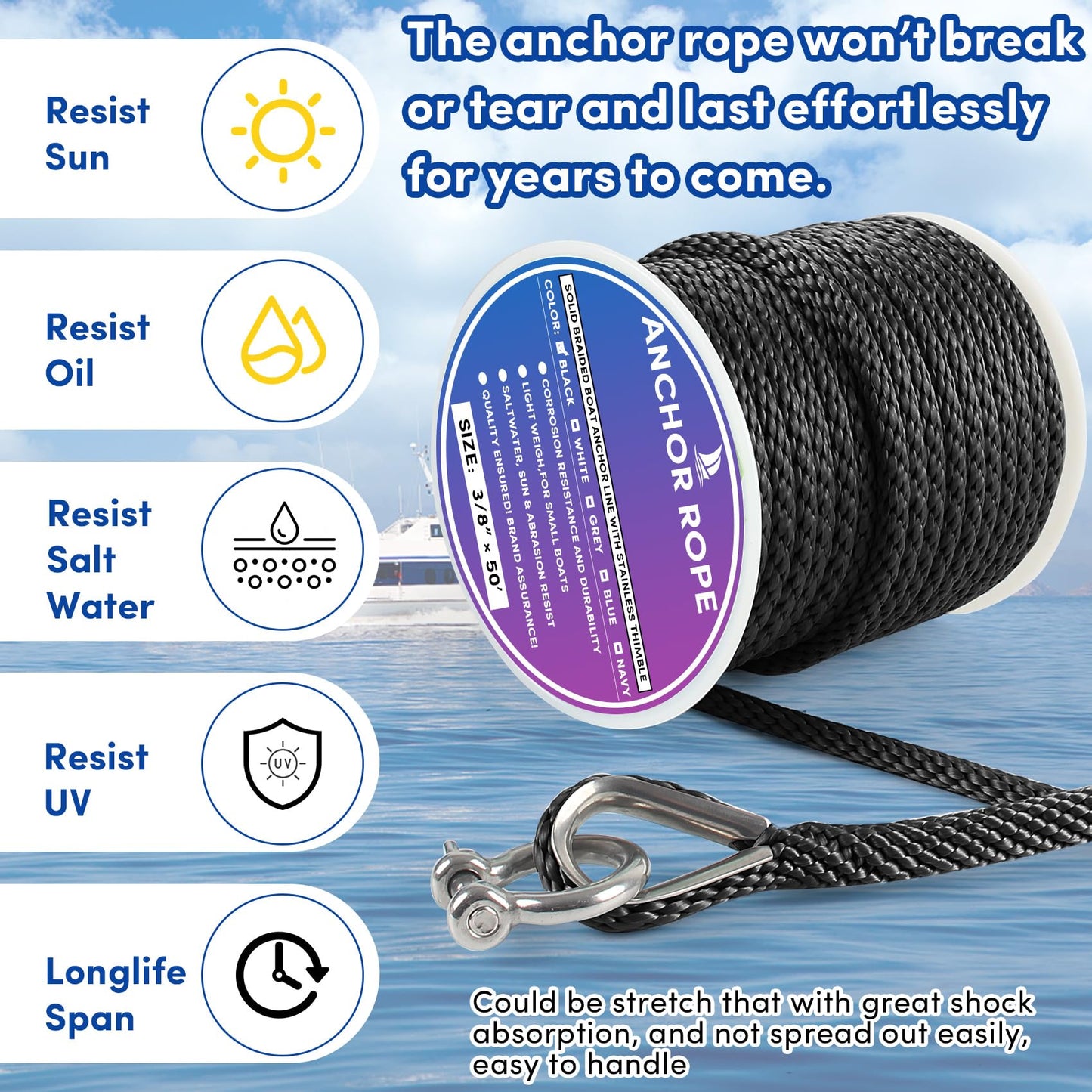 Premium Anchor Rope 50 ft x 3/8 inch, Solid Braid MFP Anchor Line Boat Rope with Thimble & Shackle - Black
