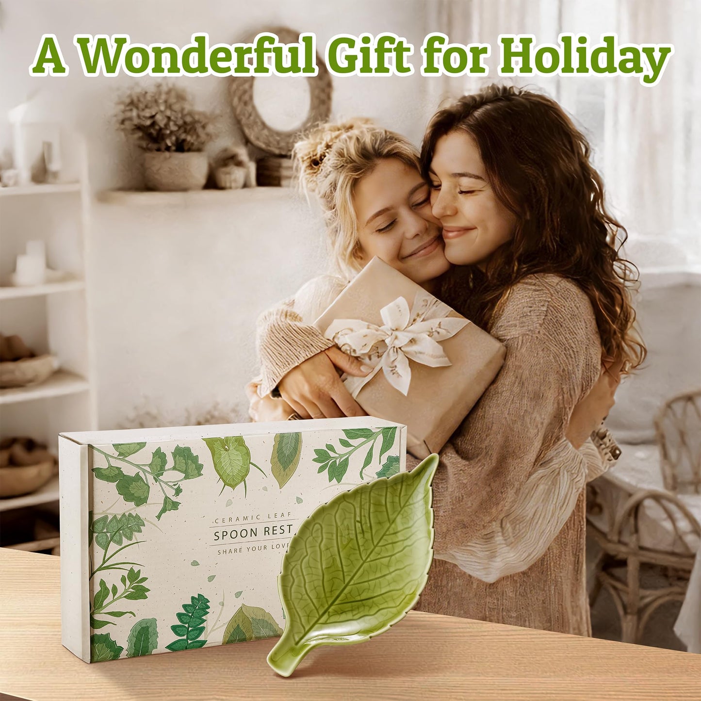 Ceramic Leaf Spoon Rest - Cute Green Cooking Spoon Holder for Stove Top & Kitchen Counter, Heat Resistant Spatula & Utensil Rest, Unique Kitchen Decor Gift, 1 Pack