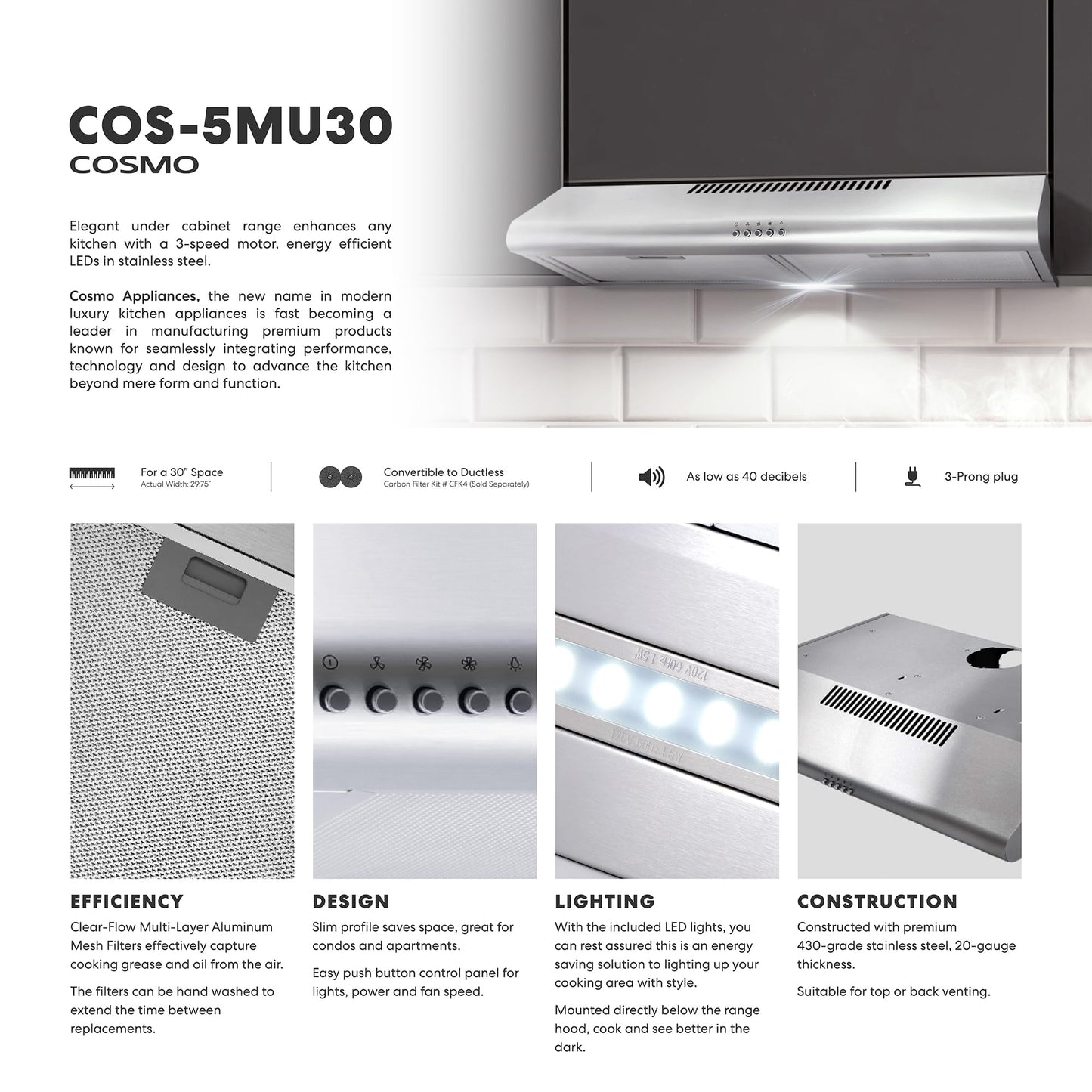 COSMO COS-5MU30 30 in. Delta Collection Ducted Under Cabinet Range Hood, Button Controls, Reusable Filters, LED Lights, Stainless Steel