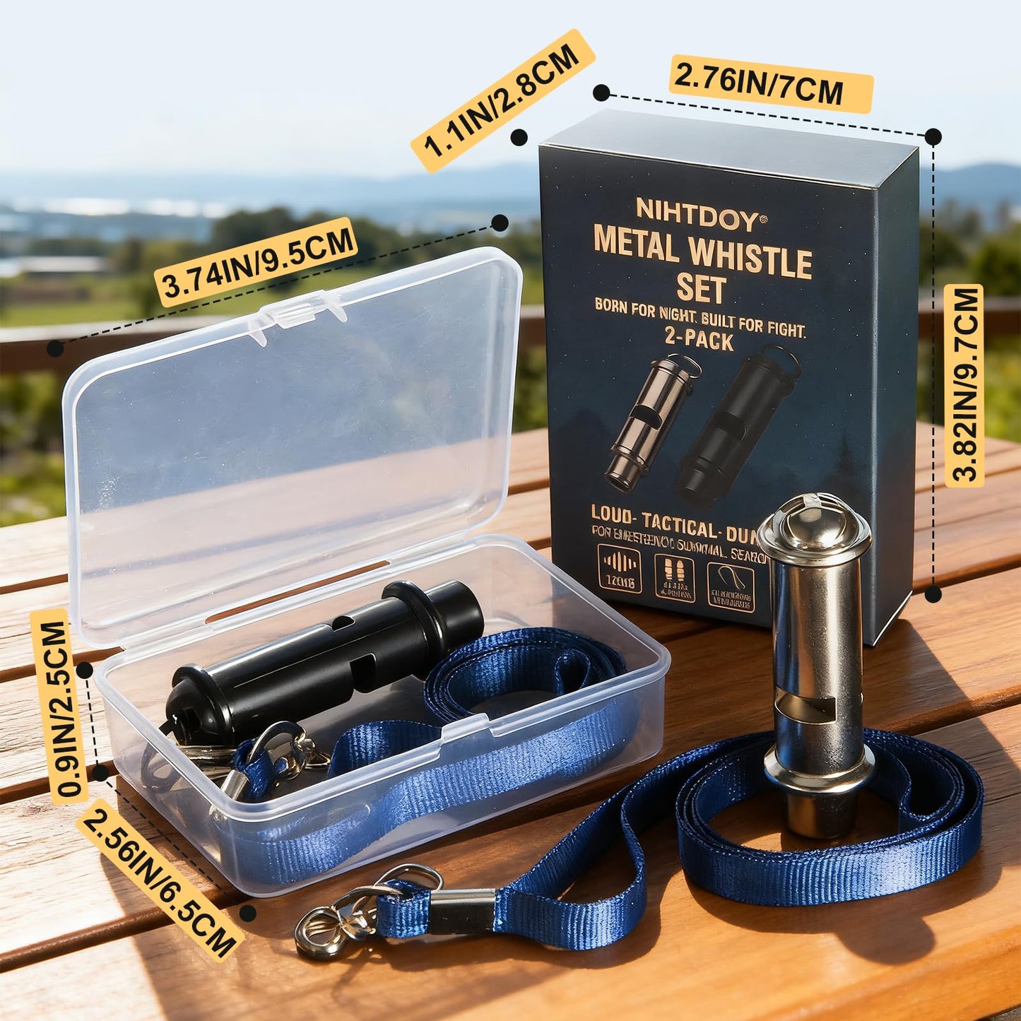 Nihtdoy Emergency Whistles 2 Pack, 120dB Pealess Solid Iron Safety Whistles with Nylon Lanyards & Case, Black Coated & Silver, for Hiking, Camping, Coaching, Emergency Kits