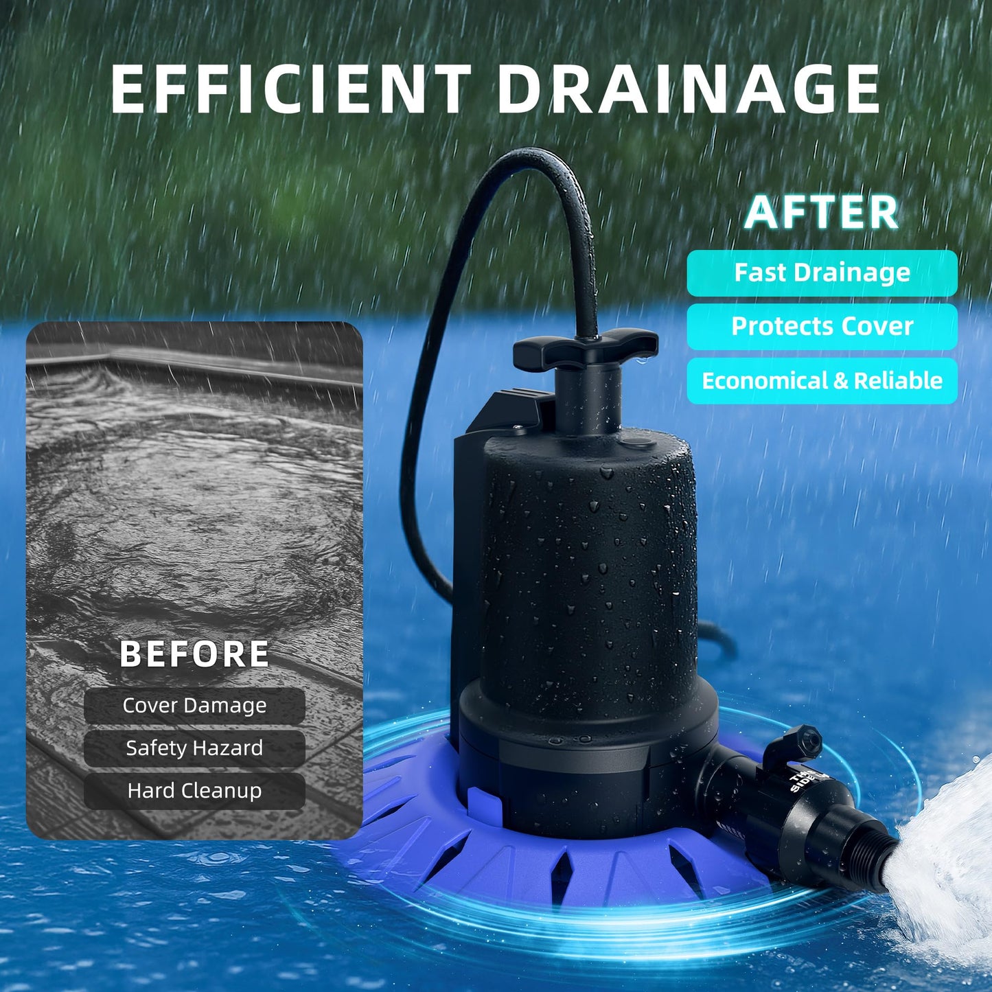 Bywter Pool Cover Pump, 1/4HP Automatic Swimming Pool Cover Pump, 1800 GPH Submersible Sump Pump with Check Valve Adapter for 3/4" & 1-1/4" Hoses and 25ft Power Cord, Water Removal for Pool Cover