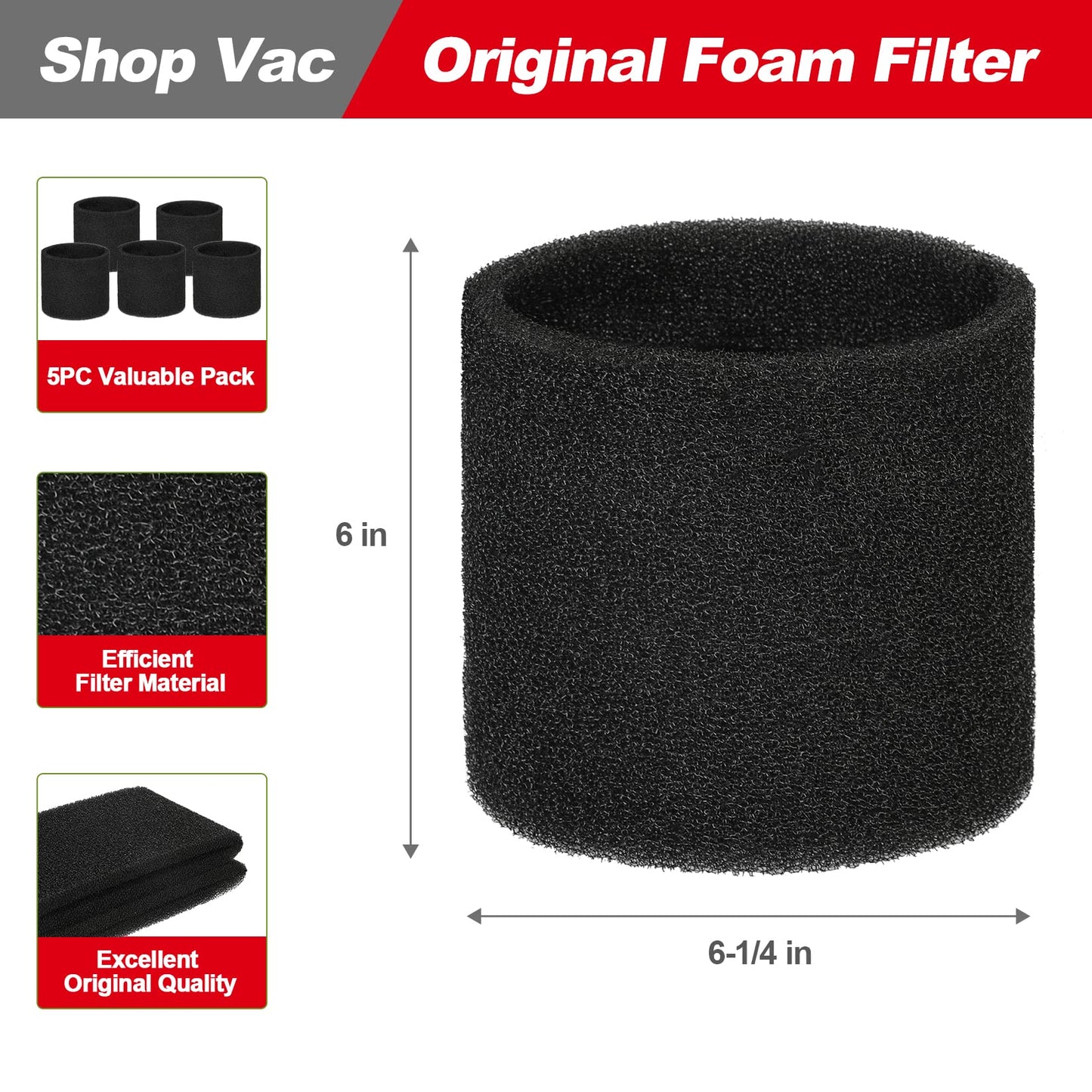 Shop-Vac 5989400 8 Gallon 6.0 Peak HP Wet/Dry Vacuum + 90585 Foam Sleeve Filter 5 Pack