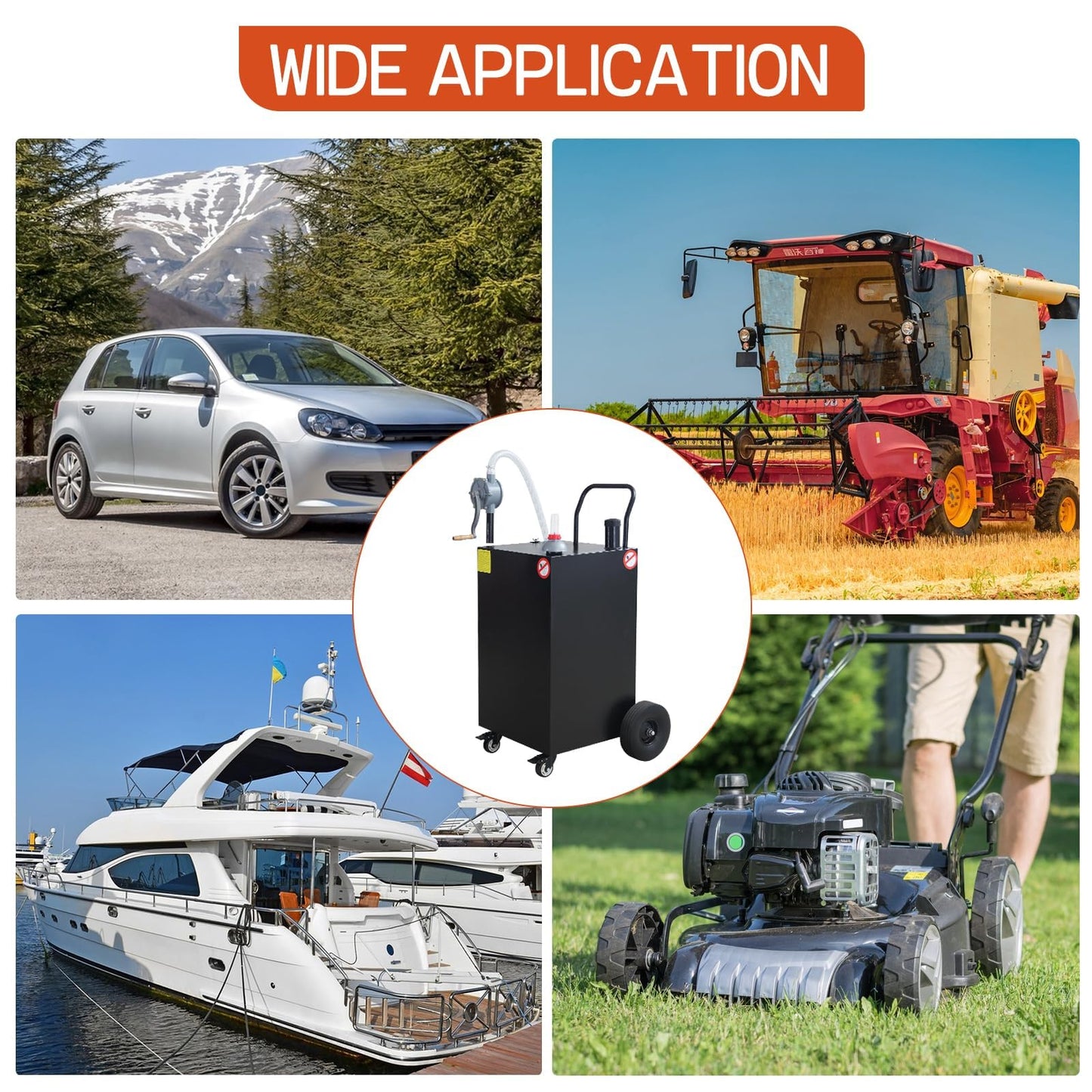 45 Gallon Fuel Caddy with Manual Pump Heavy Duty Portable Gas & Diesel Transfer Tank All Terrain 4 Wheel Cart with Brakes Gasoline Diesel Fuel Container for Tractor Truck & Farm Use