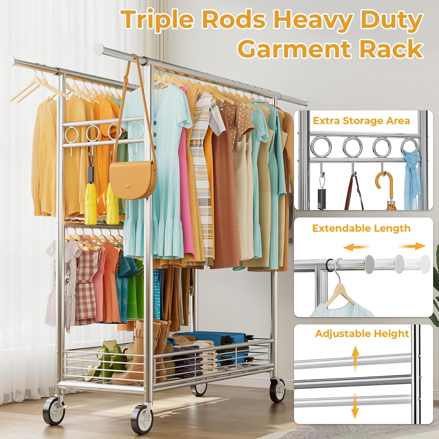 Regine Switzerland Heavy Duty Clothes Rack - 960LBS Capacity, Adjustable & Portable with Wheels, Silver