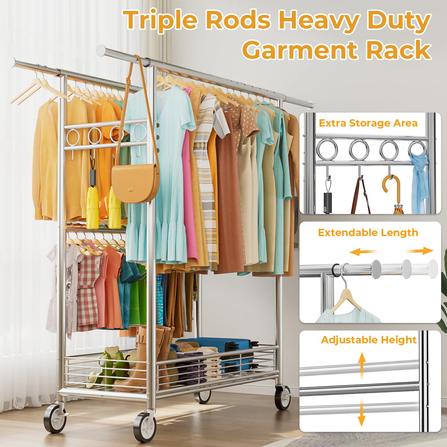 Heavy Duty Clothes Rack Load 960LBS, Three Rods Rolling Clothing Racks for Hanging Clothes, Rolling Garment Rack With Sturdy Wheels Shelves Hooks, Portable & Adjustable Commercial Garment Rack, Silver