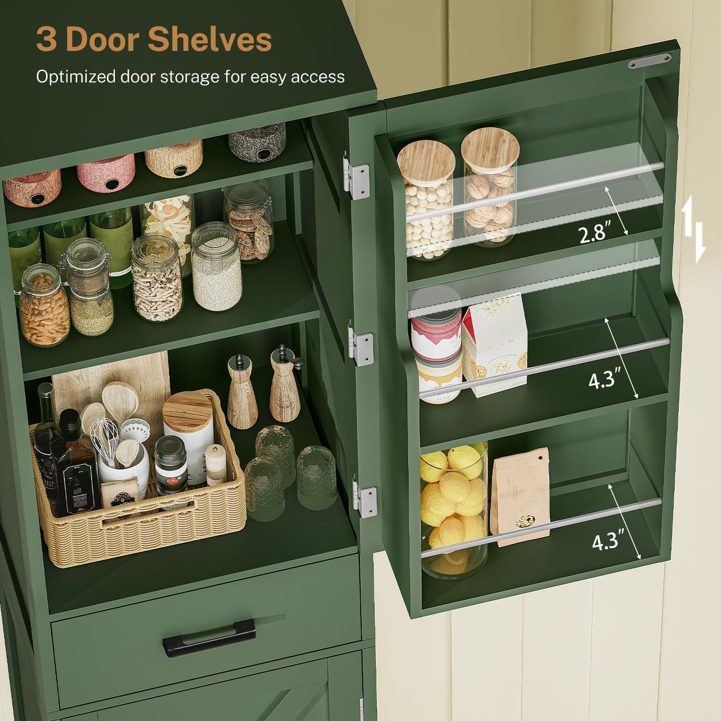 TEENFON Kitchen Pantry Cabinet with 3 Door Shelves & 1 Drawer, Narrow Bathroom Cabinet with Adjustable Shelves, Tall Storage Cabinet for Living Room, Bathroom, Entryway, Green