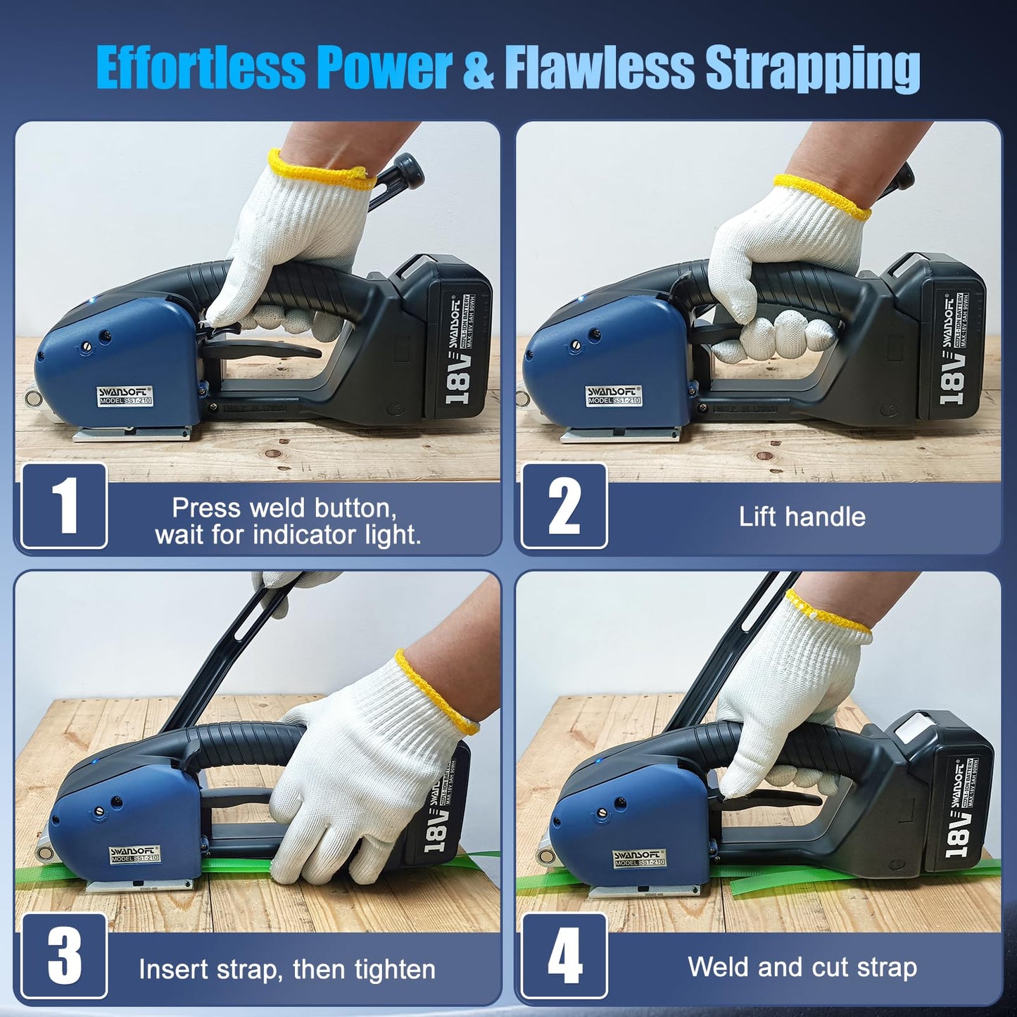 SWANSOFT Electric Strapping Machine for Width 0.51" - 0.63" PP PET Straps, 2 x 5000mAh Battery Automatic Strapping Tool, Handheld Semi-Automatic Banding Tools for Packaging Box Pallet