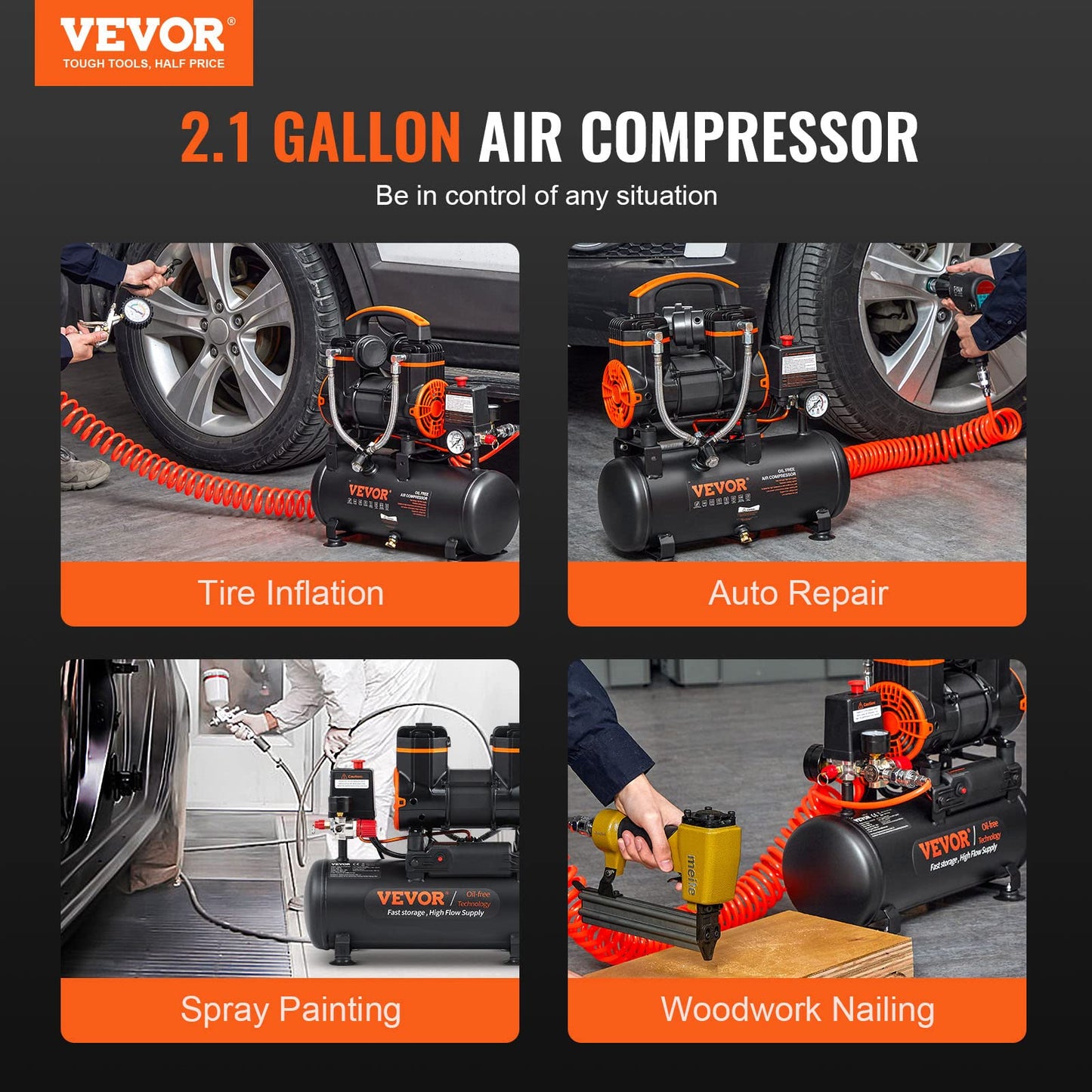 VEVOR 2.1 Gallon Air Compressor, 1.2HP 2.2 CFM@90PSI Air Compressors with Max. 116PSI Pressure, Oil Free Compressor Tank for Auto Repair, Tire Inflation, Spray Painting, Woodwork Nailing