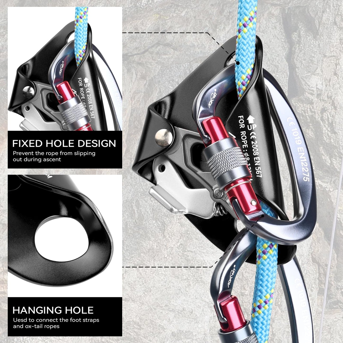 Chest Ascender Tree Climbing Gear Rope Grab High Strength Aluminum Alloy Rappelling Equipment CE Certified for Rock Climbing Rescue Aerial Work Mountaineering Caving Arborist Work 8-13mm Ropes (Black)