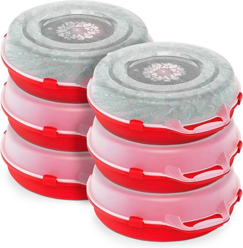 HOMZ 6-Pack Holiday Wreath Storage Organizers - 24 Inch Red & Clear Stackable Plastic Containers