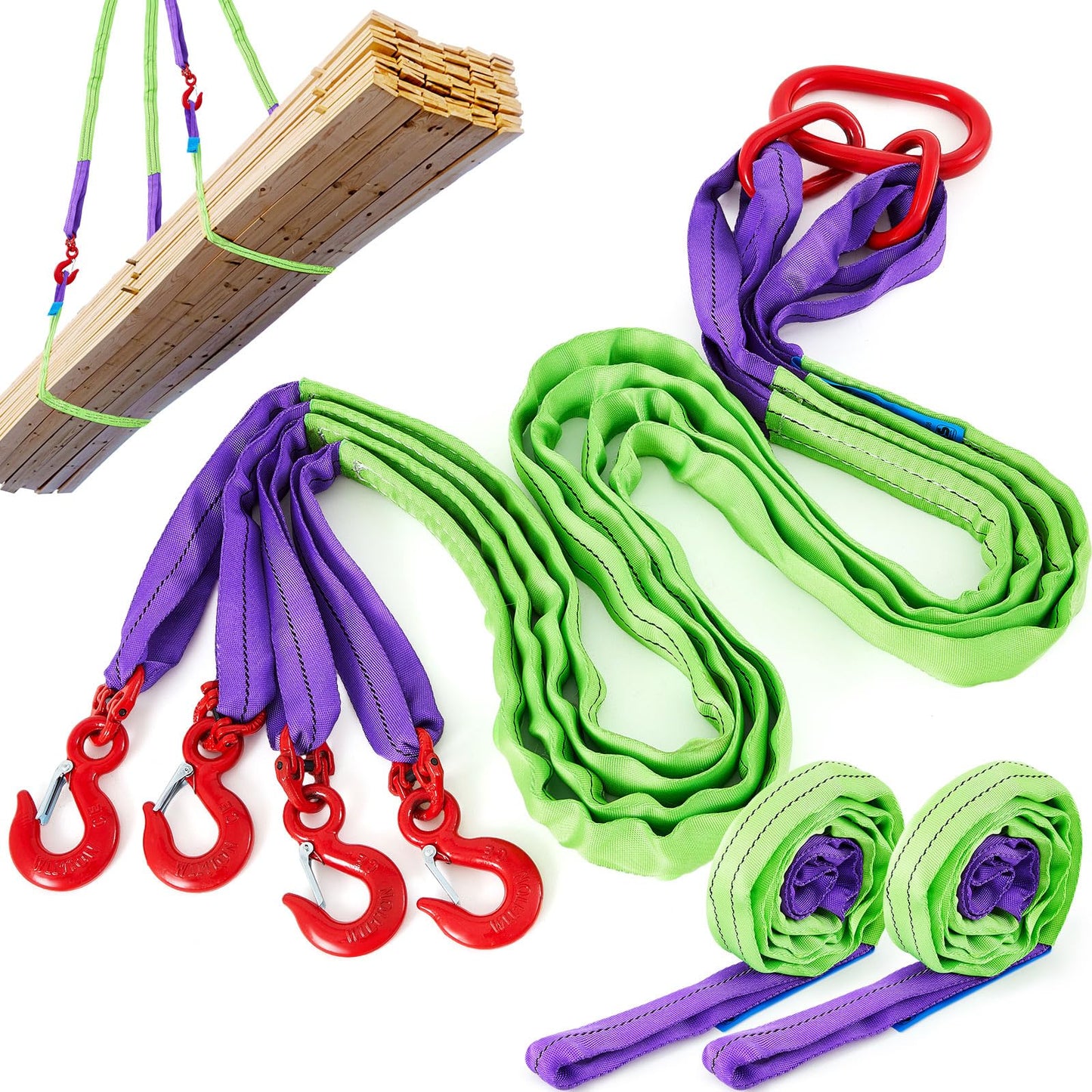 GliCraft 3 Pcs 6.6 ft Polyester Lifting Straps Set - Four Leg Bridle Web Sling & 2 Endless Round Slings Rigging Straps for Hoist, Engine, Crane, Machinery Moving & Tree Stump Removal 6600 lbs Capacity