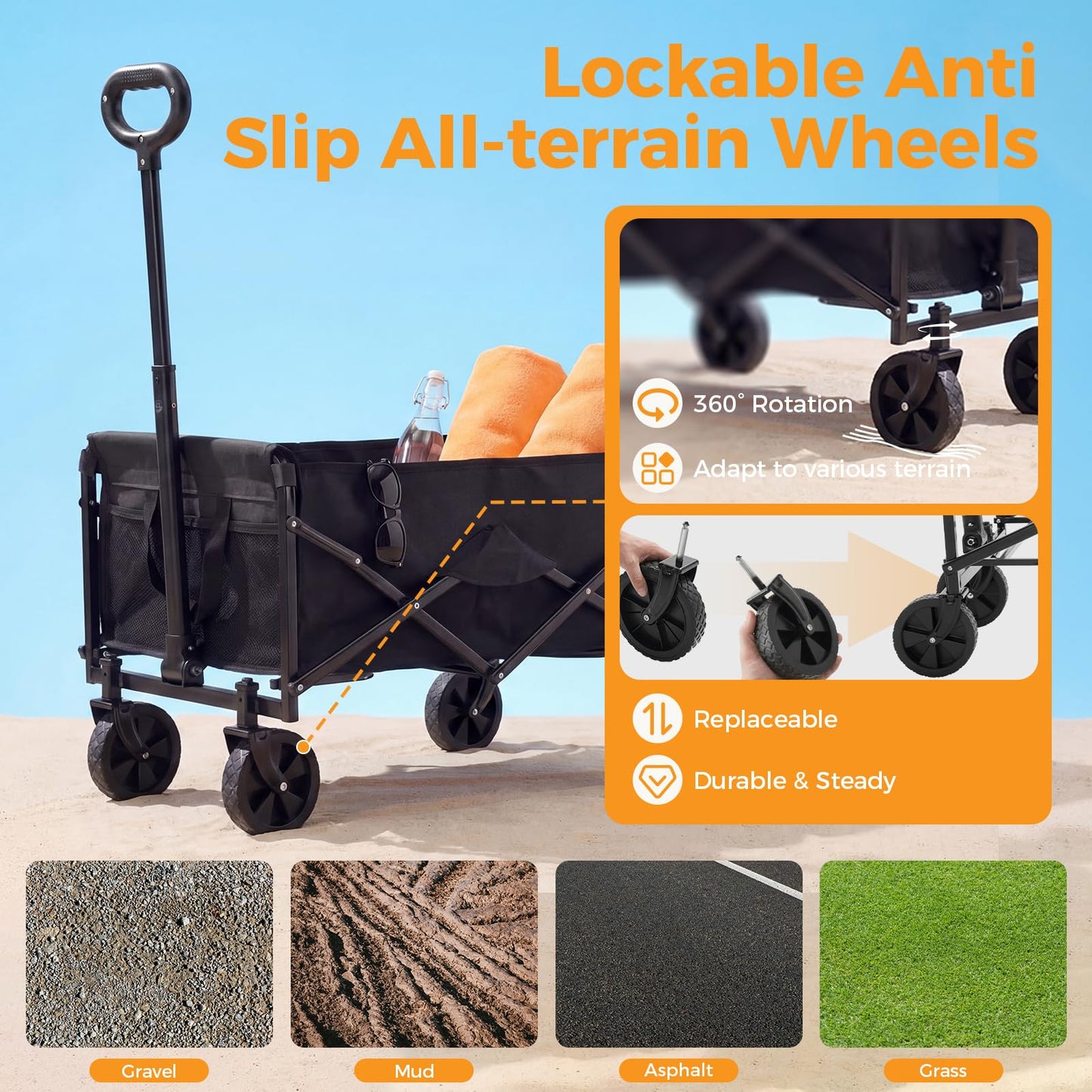 NEWBULIG Collapsible Wagon Cart, 67L Compact, Lightweight & Portable Heavy Duty Pull Cart with Wheels, 220 lbs Capacity, Adjustable Handle for Beach, Sports, Camping, Shopping & Garden, Black