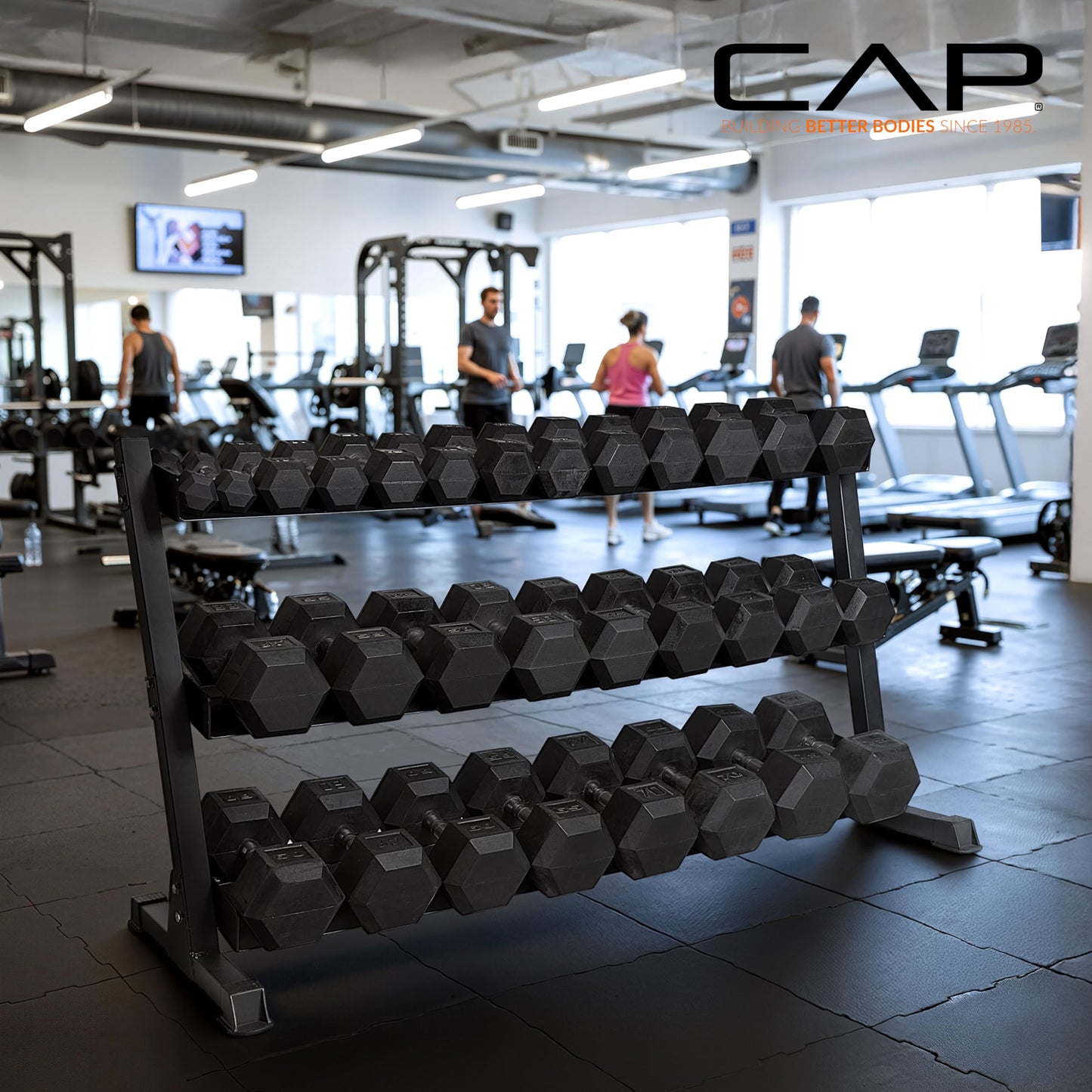 CAP 1200 LB Dumbbell Set with 3-Tier Rack, Rubber Hex Weights, Home & Commercial Gym Weight Set for Strength Training, Chrome Handle, Black Rack