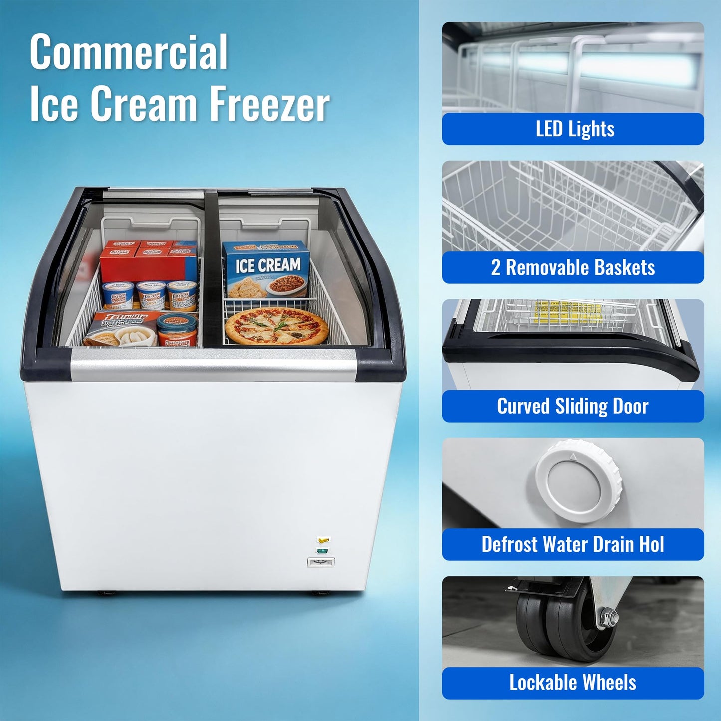 6.9 Cu.Ft Commercial Ice Cream Freezer,29" Ice Cream Display Freezer,ETL NSF Certified,Chest Freezers with LED Light and 2 Removable Baskets,Lockable Wheels,Sliding Door for Store Supermaket,White