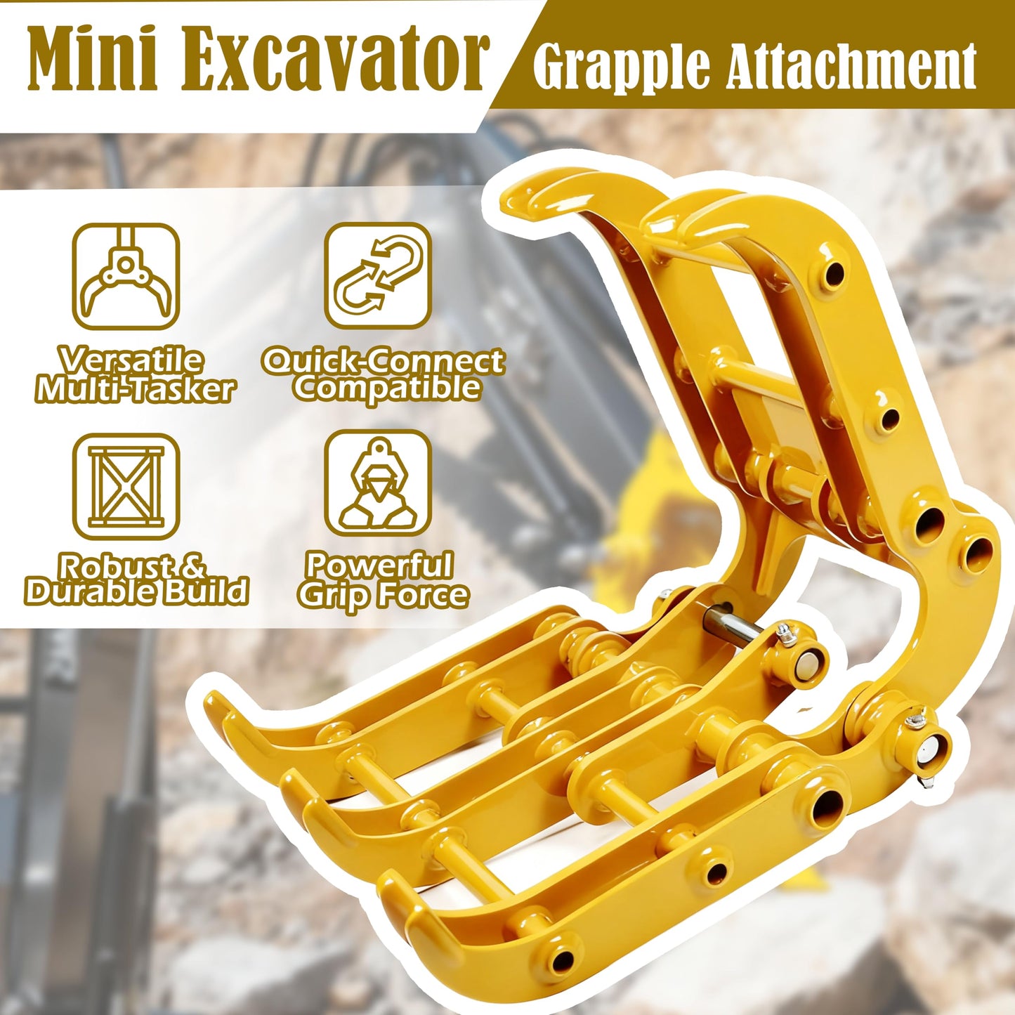 Upgrade Excavator Grapple Attachment for 0.8-1.8 Ton Mini Excavators, Wood Log Grapple with 2 Pins, 3.54in Span & 0.98in Hole, Excavator Grabber for Land Clearing, Logs, Rock, Scrap Handling