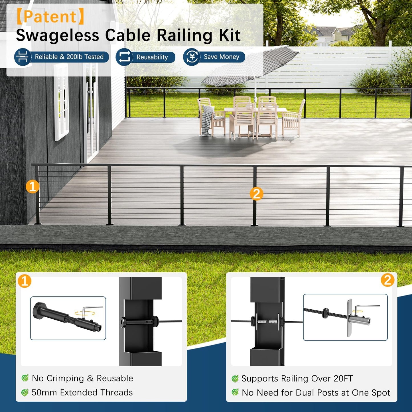 Gyykzz 36" 12–20FT Swageless Cable Railing Kit, Black Modular Railing System 4 Level Post Kit with Patented No-Crimp Terminals, Cable Length Adjustable Easy DIY for Deck, Stair, Balcony (No Handrail)
