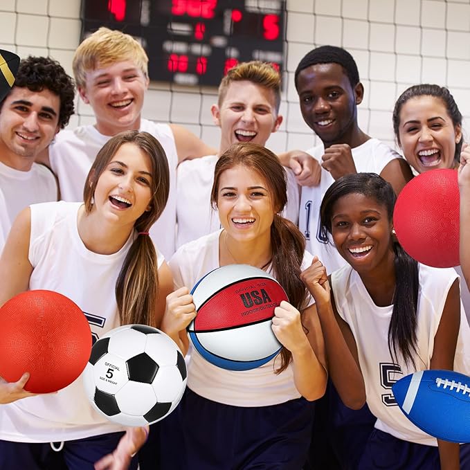 Leyndo 18 Pcs Sport Balls Bulk Set Basketball Football Volleyball Soccer Playground Baseball with Sport Equipment Bag Pump for Outdoor Indoor Practice Gift