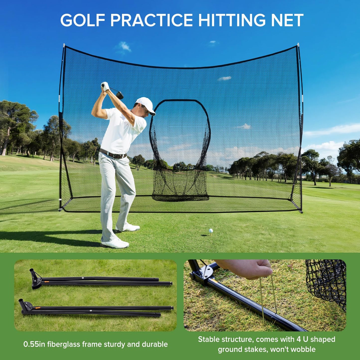 DUMOS Portable Golf Net, 10x7 ft Golf Practice Net for Backyard with Frame, Sturdy Outdoor Indoor Hitting Net, Home Training Equipment for Garage Yard, Personal Driving Range Tools, Black