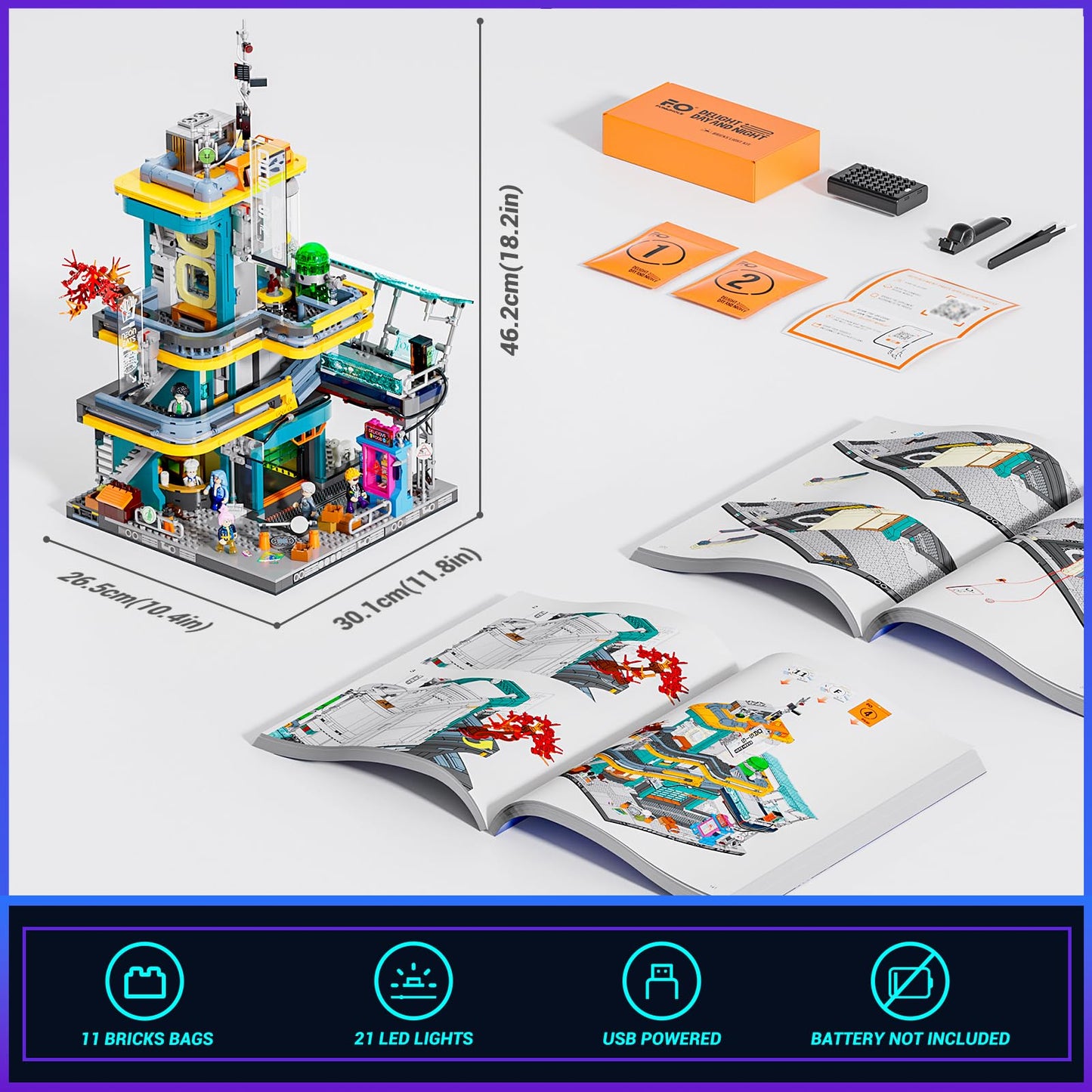 FUNWHOLE Cyberpunk Mansion Lighting Building-Bricks Set - 2524 Pcs Future City Modular Buildings Set Display Idea for Adults and Sci-fi Lovers