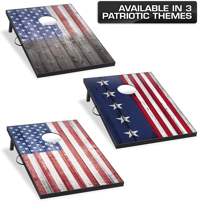 Wild Sports 2’x3’ or 2’x4’ Cornhole Outdoor Game Set, USA Flag or Natural Wood Options with Carry Bag Included – Perfect for Backyard, Beach, and Tailgates, Add On Extra Bags