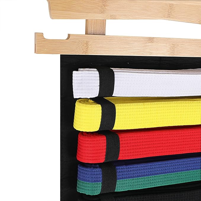 JUXYES Wall Hanging Martial Arts Belts Organizer with Trophy and Medal Display Rack, Bamboo Karate Belt Display Holder Rack, Wall Mounted Taekwondo Belt Display Holder for Martial Arts Learners