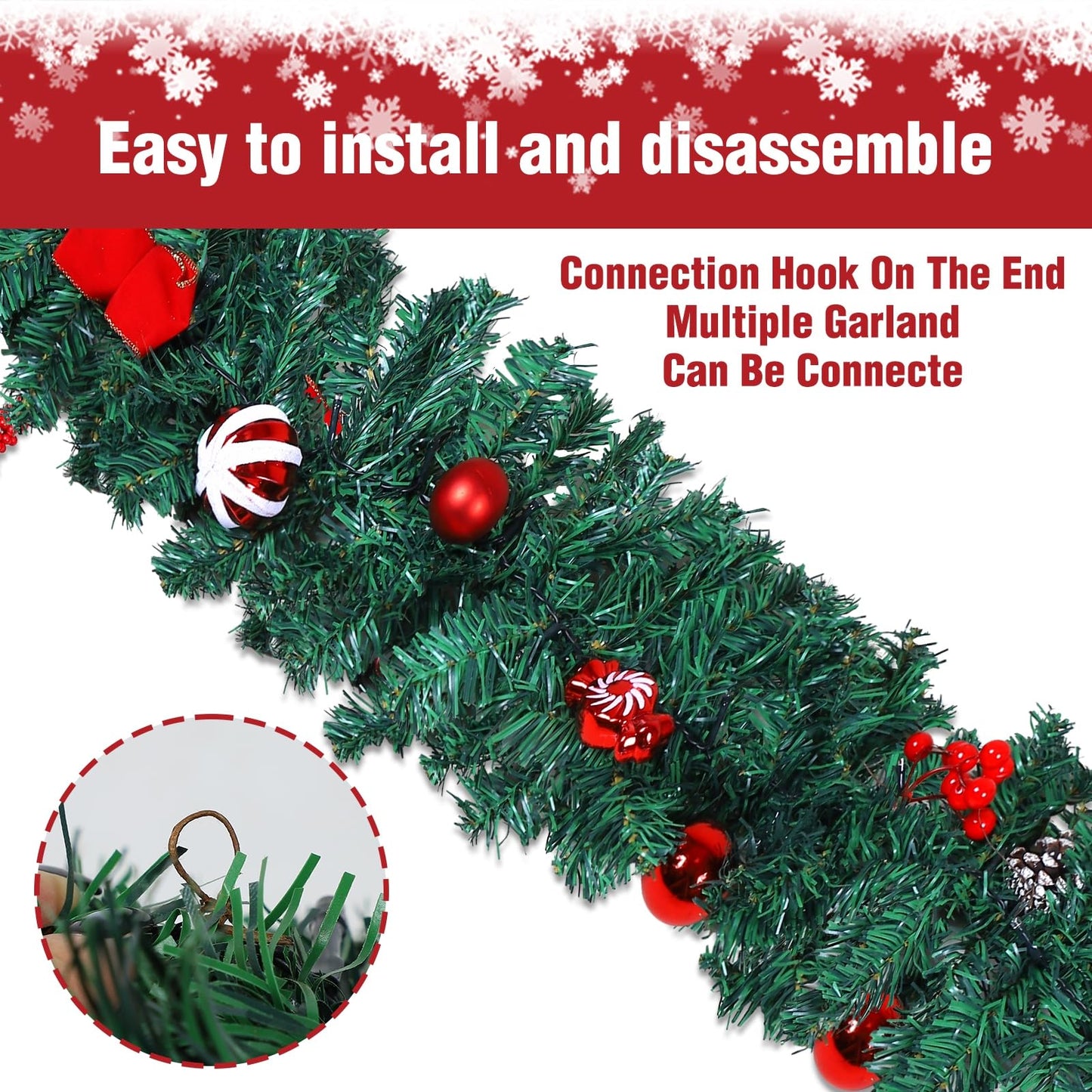 MorTime 2 Pack 9 FT LED Christmas Garland with Pinecones Red Berries Bows Christmas Balls Candies, Multi-Function Christmas Garland with 50 Warm White LED Lights, 180 Branch Tips