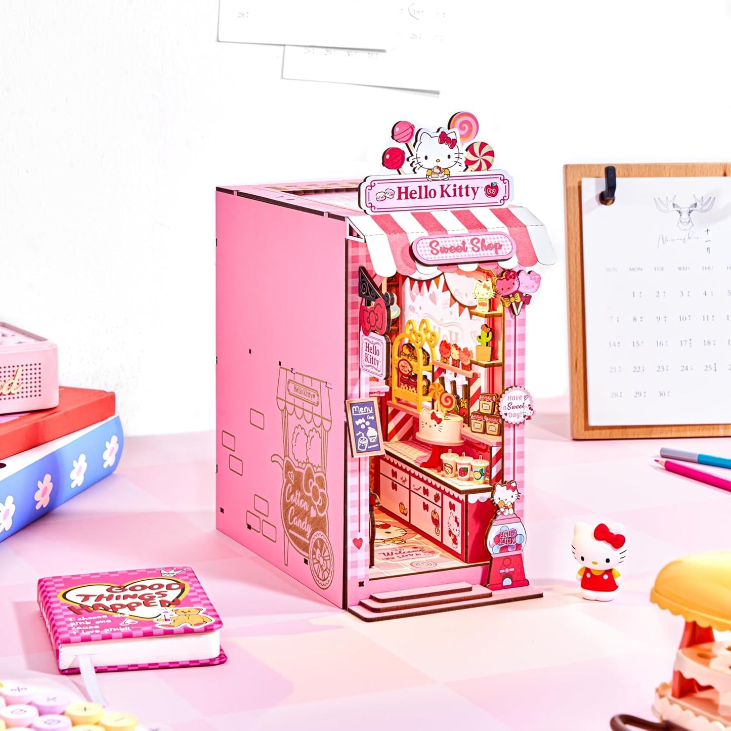 Sanrio Hello Kitty Sweet Shop Book Nook Kit - DIY Miniature Shelf Insert with Touch LED | 149-Piece 3D Puzzle for Kawaii Decor
