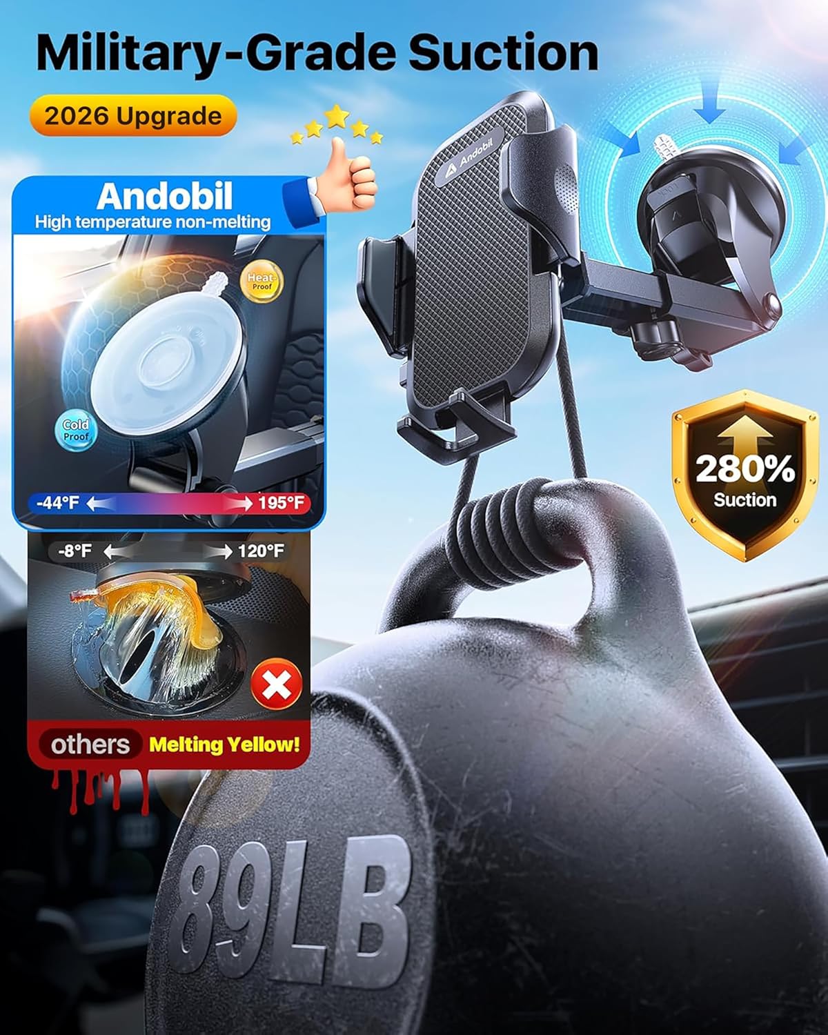 andobil 89+ LBS 2026 True Military-Grade Phone Holders for Your Car Strongest Suction & Clip Ultimate Car Phone Holder