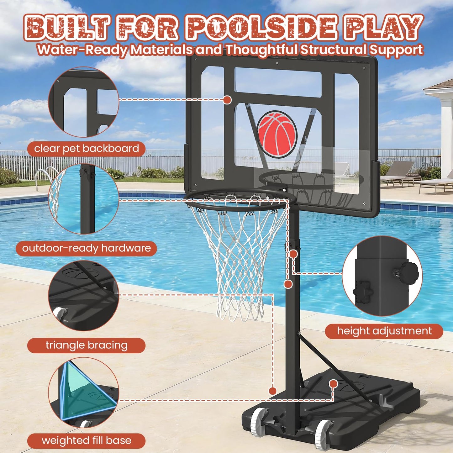 Danrelax 32“x23” Pool Basketball Hoop, 3.1FT-4.1FT Height Adjustable Poolside Basketball Hoop,Include Air Pump,Basketball, Made for Teens, Adults, Black
