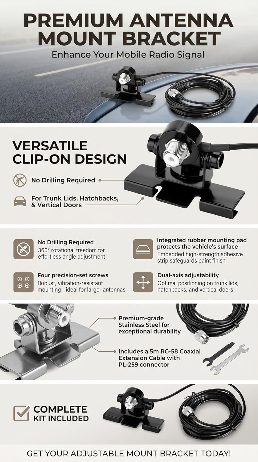 VGEBY 360 Car Antenna Mount Bracket, Degree Adjusting Angle Radio Antenna Mount Bas for Mobile Radio Car Clip Mount