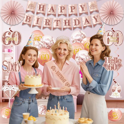 60th Birthday Decorations for Women, Pink Gold Happy 60th Birthday Banner Crown and Sash Balloons Backdrop Hanging Swirls Paper Fans, 60 Years Old Party Supplies Kit 32PCS