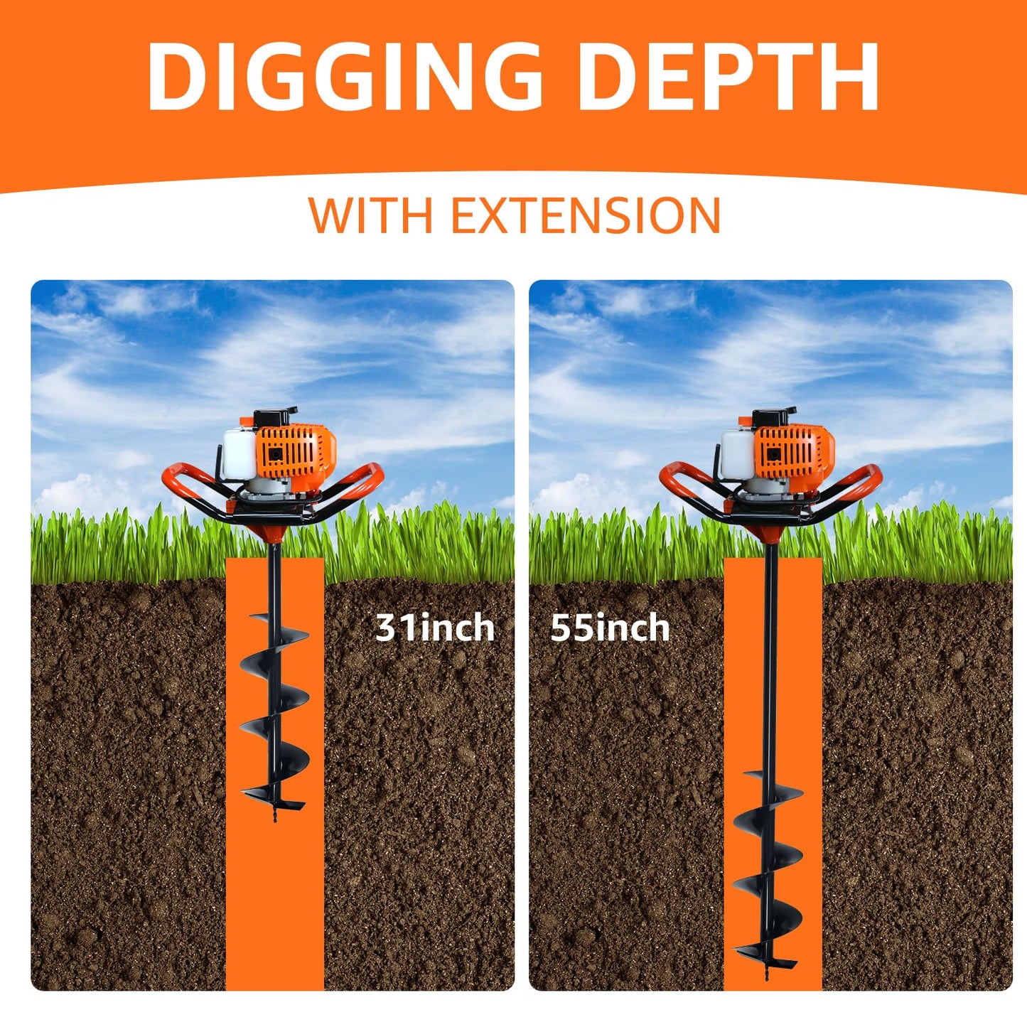 XJADQW 62CC 2-Stroke Gas Powered Post Hole Digger with 3" & 5" & 8" Auger Bits + 24“ & 24" & 24" Extension Rod, Heavy Duty Earth Auger for Farm, Garden, Landscaping, Construction
