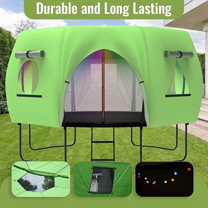 Gardenature 10FT/12FT/14FT Trampoline Tent(Tent Only), Fit Round Trampolines, Shade Cover with LED Light, Outdoor Trampolien Accessories, Anti-Tear