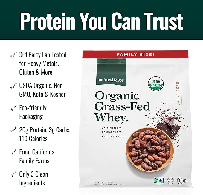 Natural Force Whey Protein Powder ??Chocolate, 5 lbs ??Grass Fed Organic, Pure, Keto & Paleo Friendly, Low Carb, Kosher, Non GMO ??Family Size A2 Protein