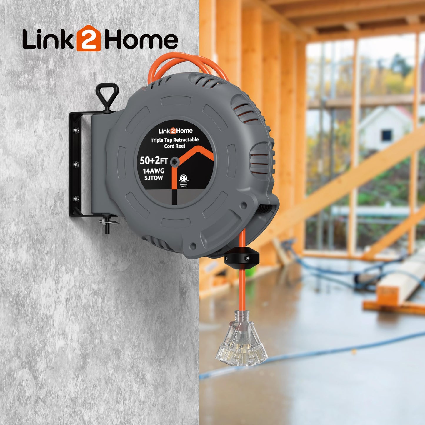 Link2Home 50 Ft. Retractable Extension Cord Reel with 3 Outlets, Lighted Triple Tap, 14AWG SJTOW Heavy-Duty Cord, Overload Protection, Wall/Ceiling Mount