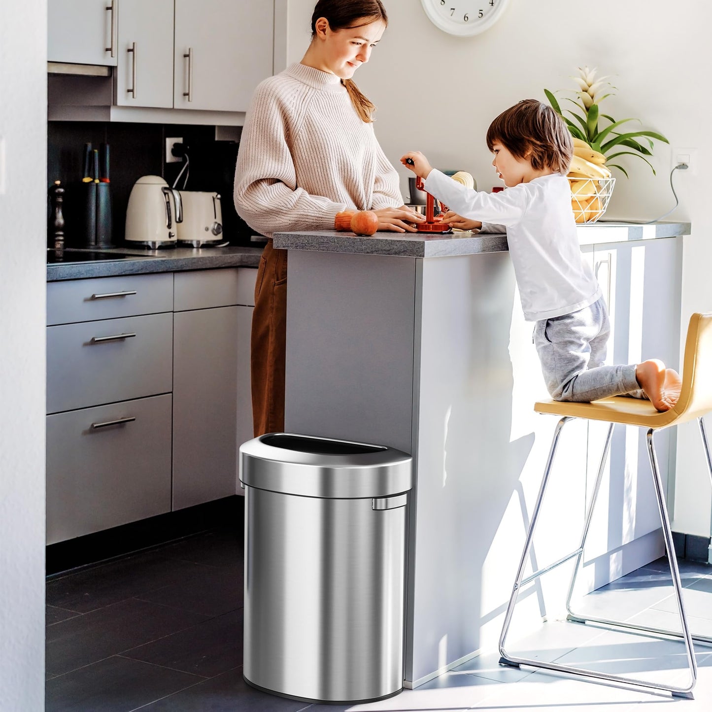 iTouchless 18 Gallon Stainless Steel Semi-Round Open Top Trash Can and Recycle Bin, 68 Liter, Slim and Space-Saving Design for Home, Office, Kitchen, Restaurant, Restroom, Large Capacity