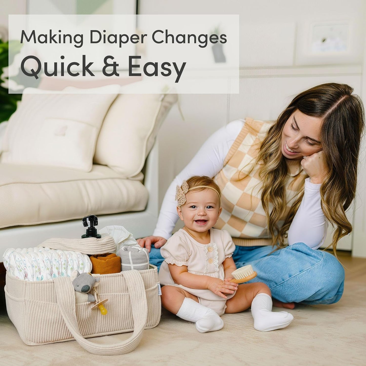 PUTSKA Baby Diaper Caddy Organizer - Stylish Nursery Storage Basket for Newborn Essentials | Corduroy Cream