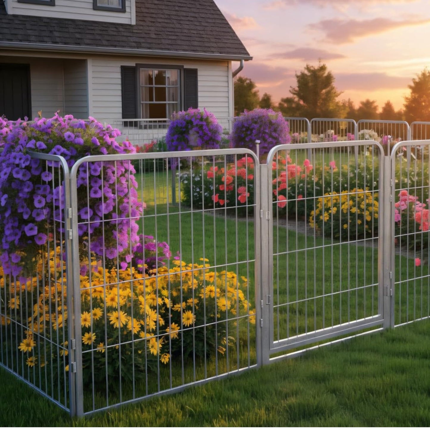 Kozy Kennels Decorative Outdoor Garden Fence - 32in, 8 Panels - Grey Heavy Duty Metal Fencing w/Anti-Rust Coating & Extra Wide Gate for Yard, Flower Bed Border, Dog & Animal Barrier