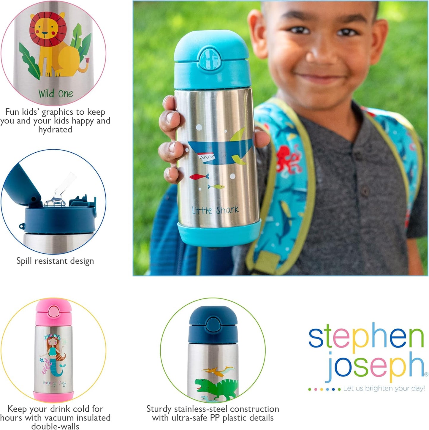 Stephen Joseph Insulated Water Bottle - Double Wall Stainless Steel, BPA-Free, 11.8 Oz, Zoo Design