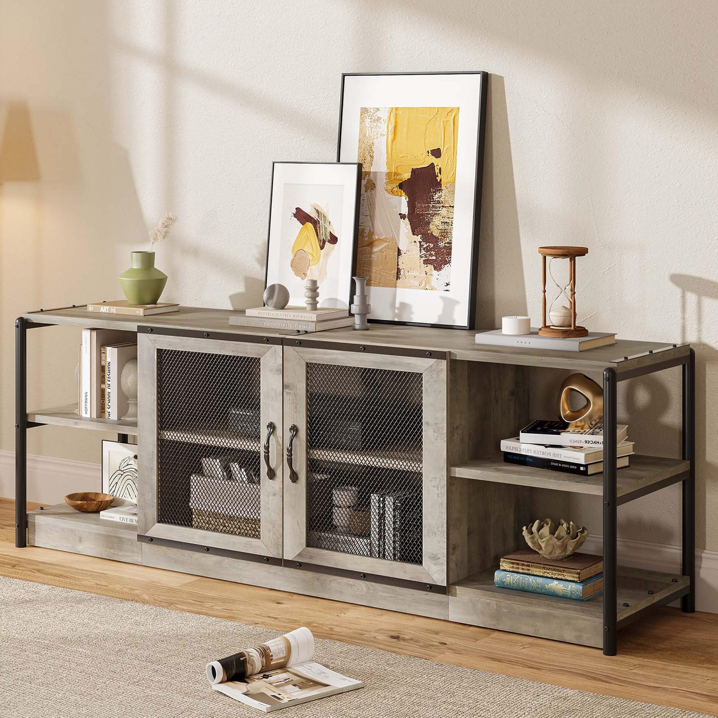 IDEALHOUSE Farmhouse TV Stand for 75/80 inches TVs, Entertainment Center with Storage Cabinet, Industrial Media Console Cabinet Table, Living Room Media Furniture, Grey