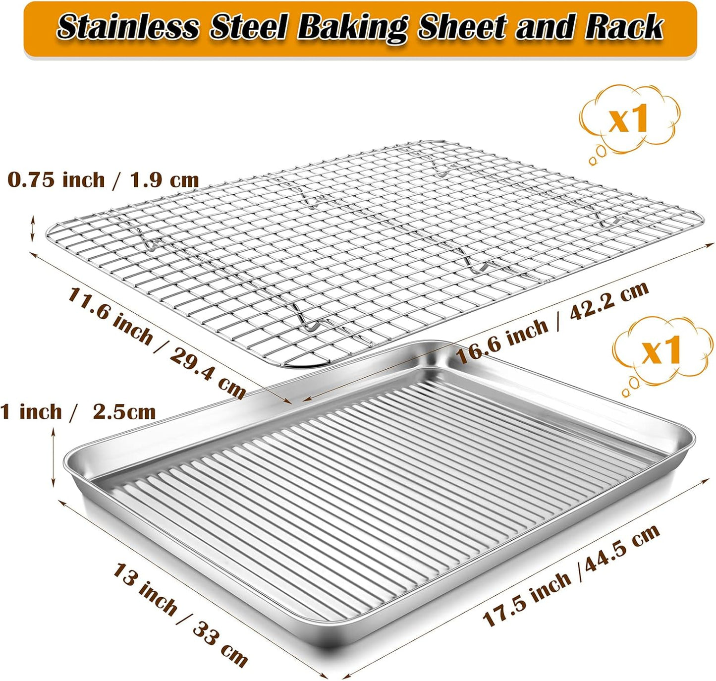P&P CHEF Stainless Steel Baking Oven Pan - Versatile Cookie & Bacon Tray with Wire Rack | 17.5 x 13 x 1 Inch