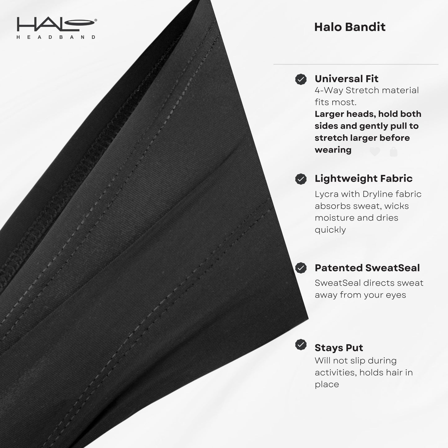Halo Headband Bandit - Wide Pullover Sweatband for Both Men and Women, Black