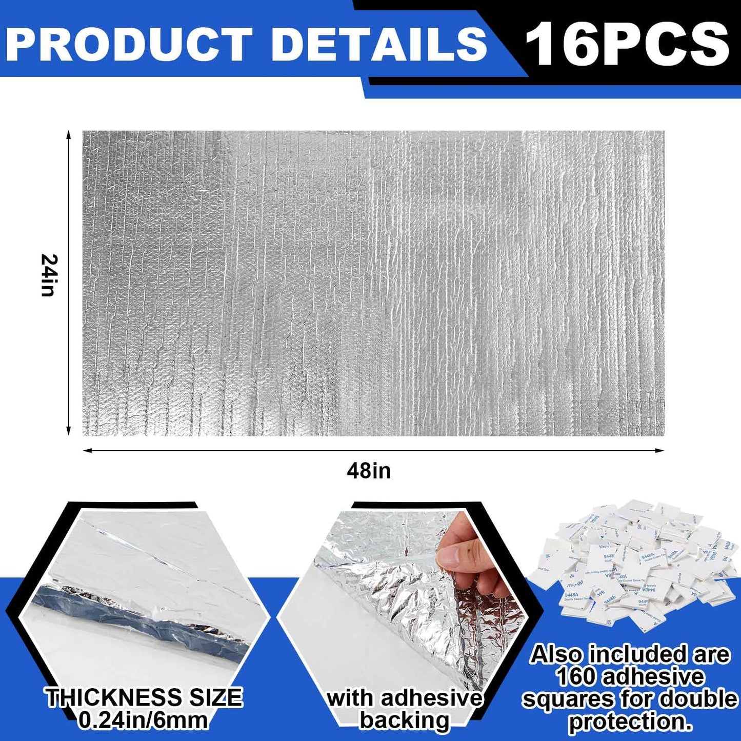 Pushglossy 16 Pack 24'' x 48'' Self-Adhesive Garage Door Insulation Kit 2 Car Panel 0.24'' Thick Double Bubble Insulation for Garage Door Set Backing and 160 Tape Reflective Aluminum Radiant Barrier