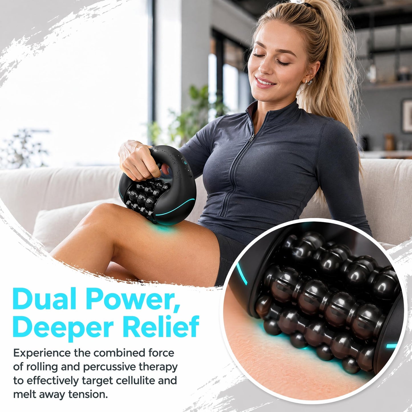 bunoju Electric Rolling Percussive Massager - 3-Speed Spin Deep Tissue Muscle Relief, Cellulite Remover Body Sculpting Tool for Back Shoulders Legs Calves Neck Post-Workout Recovery (Black)