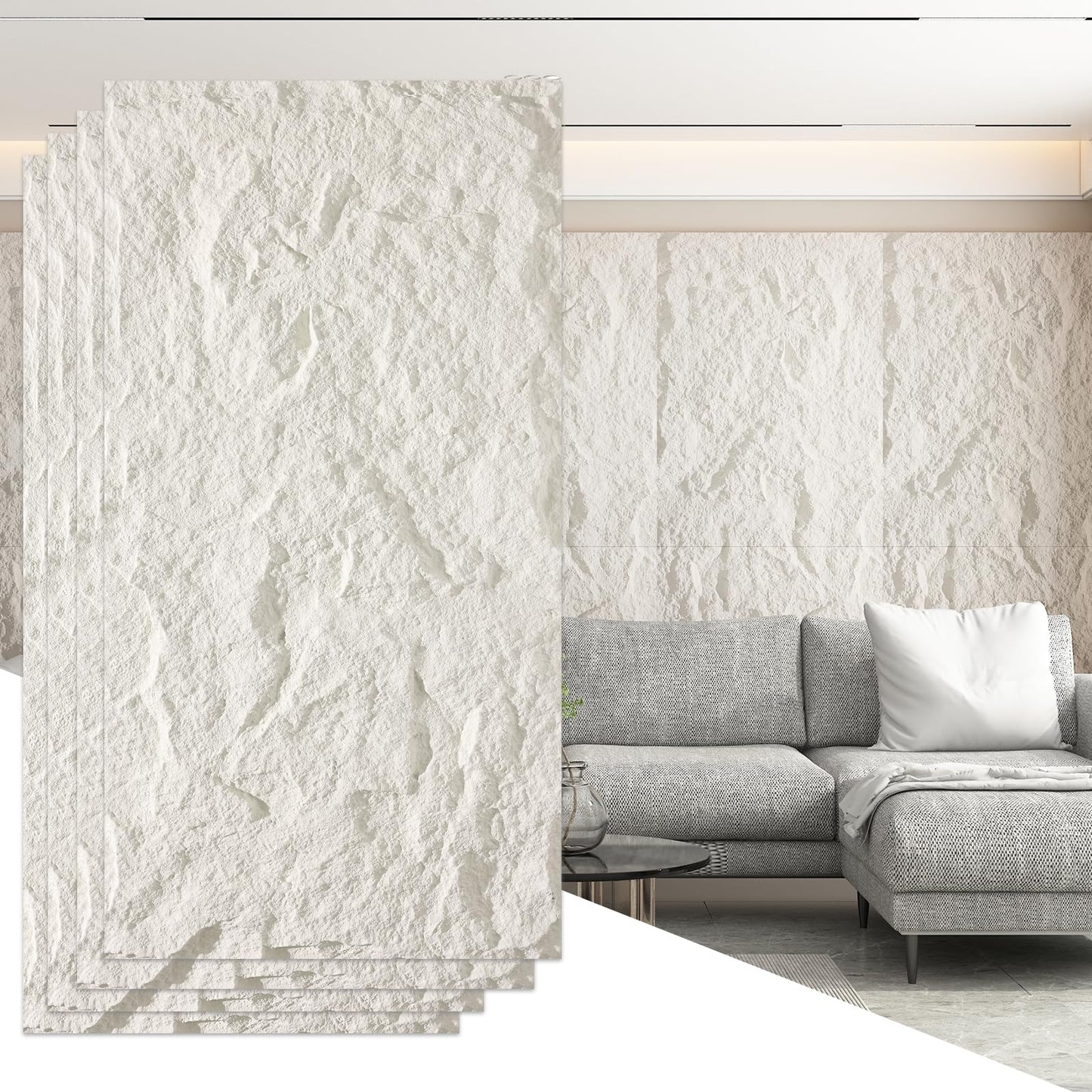 OUZUGIE 4 PCS Faux Stone Wall Panel 47.2’’ x 23.6’’ Interior Exterior Wall Decor 3D PU Panel with Lava Stone Design White