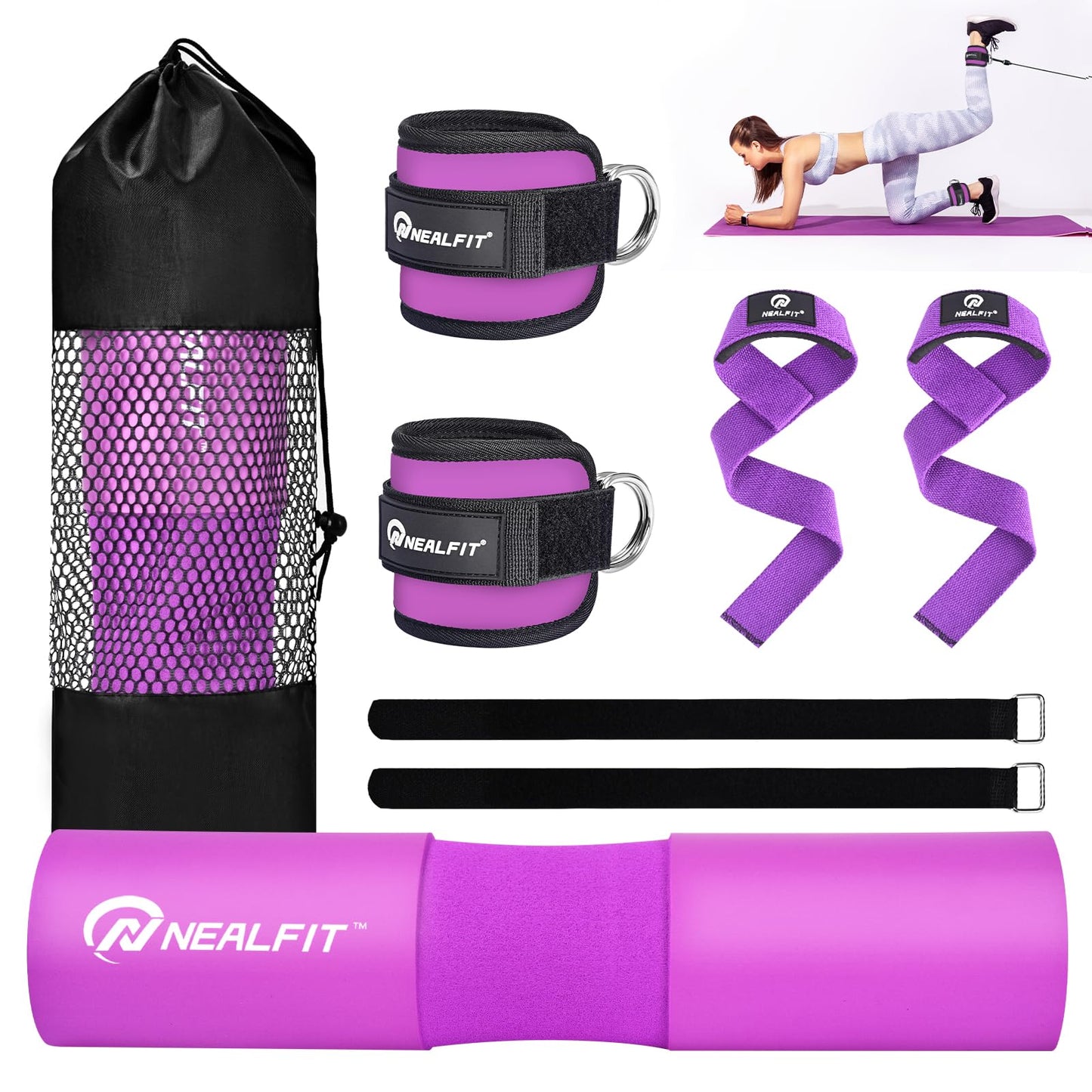 NEALFIT Barbell Pad Set with Lifting Straps & Ankle Straps - Squat Pad for Hip Thrusts, Lunges, Weightlifting - Heavy Duty Strength Training Equipment for Powerlifting, Home Gym (Purple)