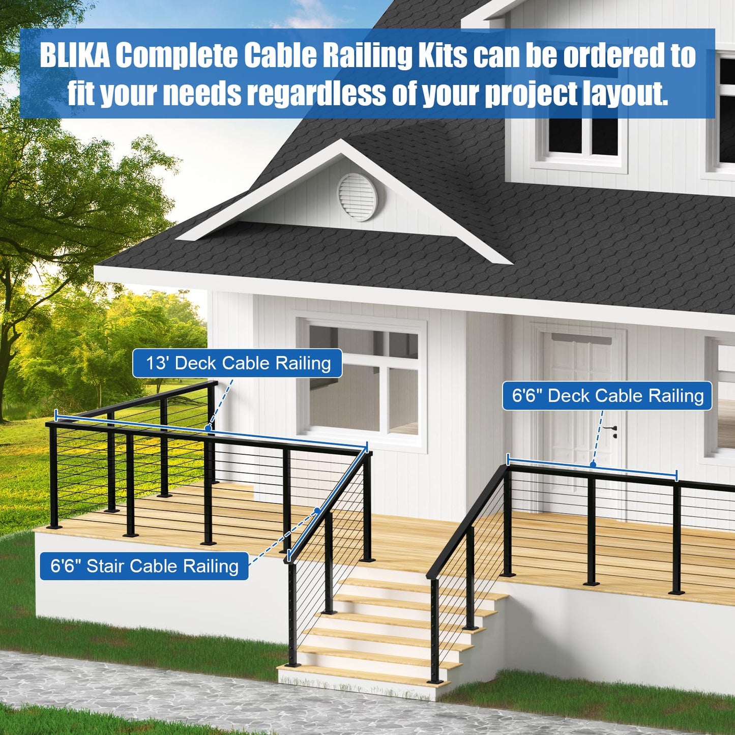 BLIKA 6'6"-13FT Complete Set 36" Cable Railing Post Kits, Surface Mount Deck Cable Railing System with Handrail & Swageless Tensioner, Pre-Drilled Black Stainless Steel Cable Railing Posts